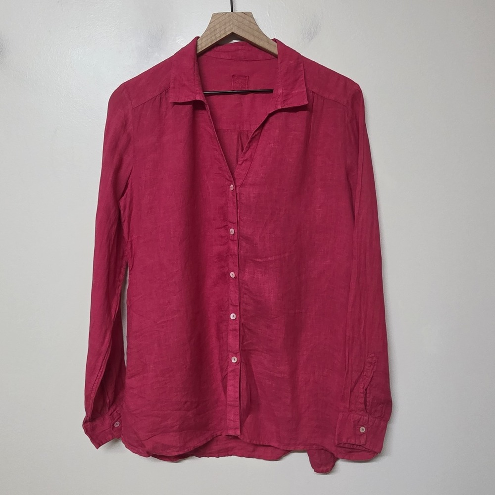 120% Lino Women's Pink Solid Linen Long Sleeve Classic Collar Shirt Top Size 42